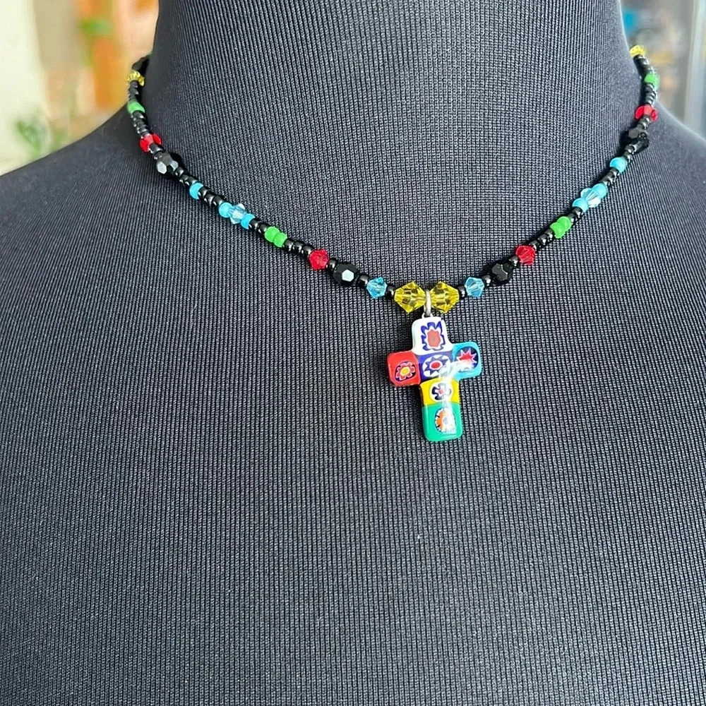 Murano Glass Colorful Millefiori Cross Beaded Necklace, Venetian Italian​